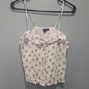 American Eagle Floral Smocked Cami Top White Pink Ruffle Lettuce Edge Large